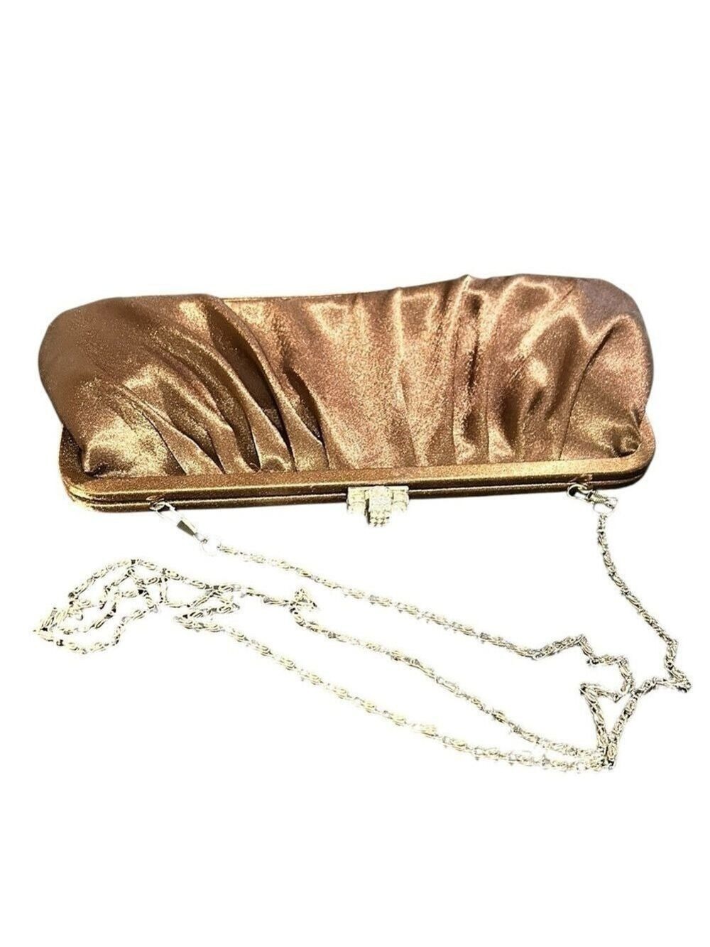 Vintage Brown Satin Rhinestone Clasp Clutch or Shoulder Chain 80’s Evening Bag